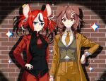  2girls absurdres animal_ears black_shirt blue_eyes braid brick_wall brown_eyes brown_hair brown_suit dog_ears hakos_baelz highres hololive hololive_english inugami_korone mouse_ears multiple_girls necktie red_hair red_necktie red_suit shirt sowon sparkle suit twin_braids twintails twitter_username uneven_twintails vest virtual_youtuber white_shirt 