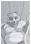  2023 anthro bandage belly big_belly canid canine hi_res hysk kemono male mammal moobs overweight overweight_male raccoon_dog solo tanuki 