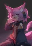  1girl absurdres animal_ear_fluff animal_ears arknights black_sleeves chack520 claw_pose commentary_request detached_sleeves food-themed_hair_ornament fox_ears fox_girl fox_tail hair_ornament hand_up highres long_sleeves looking_at_viewer open_mouth pink_eyes pink_hair pumpkin_hair_ornament shamare_(arknights) solo tail teeth twintails upper_teeth_only 