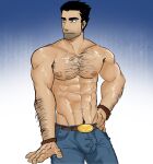  1boy arm_hair armpit_hair armpit_hair_peek bara beard_stubble black_hair bluew_(bluewdump) chest_hair expressionless hairy highres large_pectorals looking_to_the_side lucas_lee male_focus muscular muscular_male navel_hair pectorals scott_pilgrim_takes_off short_hair smile solo thick_eyebrows topless_male 