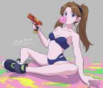  1girl bikini blue_bikini breasts chewing_gum cleavage cosplay cyberpunk_(series) cyberpunk_edgerunners highres looking_at_viewer medium_breasts navel neon_genesis_evangelion rebecca_(cyberpunk) souryuu_asuka_langley swimsuit tsunemoku 