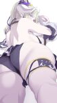  1girl ass azusa_(granblue_fantasy) azusa_(summer)_(granblue_fantasy) back bare_shoulders bikini black_bikini breasts draph granblue_fantasy horns ion_(cation) large_breasts long_hair looking_at_viewer looking_back pointy_ears ponytail purple_eyes solo swimsuit thick_thighs thighs white_hair 