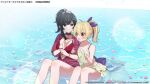  2girls andou_tazusa arm_hug assault_lily back_bow bare_arms bare_legs bare_shoulders bikini bikini_skirt black_hair blonde_hair bow bracelet breasts chiri_(ch!) choker closed_mouth collarbone commentary_request day feeding feet_out_of_frame fingernails floral_print flower flower_knot food front-tie_bikini_top front-tie_top green_eyes hair_bow hair_flower hair_ornament hair_ribbon halterneck hands_up highres holding holding_food holding_spoon ice_cream ice_cream_cone jewelry knees_up lens_flare light_blush looking_at_another looking_at_food medium_breasts medium_hair multiple_girls o-ring o-ring_bikini o-ring_top official_alternate_costume official_alternate_hairstyle official_art outdoors petals petals_on_liquid ponytail popsicle print_bikini print_ribbon purple_bow red_bikini red_choker red_eyes red_shirt ribbon shallow_water shirt short_hair short_sleeves side-by-side sidelocks sitting smile spoon swimsuit swimsuit_cover-up tied_shirt tongue tongue_out translation_request wang_yujia water watermark white_flower wide_sleeves yellow_bikini 