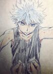  1boy black_tank_top closed_mouth commentary_request fingernails hunter_x_hunter kabedon killua_zoldyck looking_at_viewer niuya pov short_hair tank_top traditional_media upper_body white_hair 