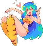  1girl alien bacun bikini blue_hair boots breasts fangs green_hair heart horns long_hair looking_at_viewer lum medium_breasts multicolored_hair navel oni oni_horns open_mouth pointy_ears sidelocks smile solo striped striped_bikini swimsuit thigh_boots thighs transparent_background urusei_yatsura very_long_hair yellow_bikini yellow_eyes 