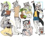  2023 anthro book chibi clothed clothing coat controller digitigrade eyewear felid feline female game_controller glasses hair headgear headphones headset long_hair mammal mayo-san multiple_poses plant plant_pot plushie pose potted_plant round_glasses simple_background sitting solo topwear white_background 