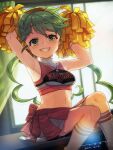  1girl blush cheerleader crop_top ensemble_girls! green_eyes green_hair harukaze_nana headband hisayoshi_(hisa) long_hair looking_at_viewer orange_headband pom_pom_(cheerleading) red_shirt red_skirt shirt short_sleeves skirt smile socks solo teeth twintails white_socks 