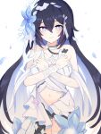  1girl awe_(adorableduckyy) bare_shoulders black_hair blue_eyes blue_flower blue_hair breasts chest_tattoo closed_mouth commentary dress flower hair_between_eyes hair_flower hair_ornament highres honkai_(series) honkai_impact_3rd long_hair looking_at_viewer multicolored_hair navel seele_vollerei seele_vollerei_(herrscher_of_rebirth) simple_background sleeveless sleeveless_dress smile solo symbol-only_commentary tattoo two-tone_hair white_background white_dress 