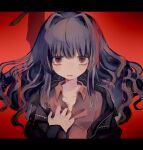  1girl bandana_obito black_jacket blue_hair breasts collared_shirt curly_hair hair_intakes hand_on_own_chest highres jacket long_hair long_sleeves looking_at_viewer no_nose open_clothes open_collar open_jacket open_mouth original red_background red_eyes red_shirt sanpaku shirt small_breasts solo usagi_nui 