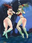  2girls absurdres anna_(fire_emblem) asphyxiation ass bikini breasts diving drowning green_eyes green_hair highres holding_breath inchduhernz multiple_girls puffy red_hair swimsuit thighs tiki_(adult)_(fire_emblem) tiki_(adult)_(summer)_(fire_emblem) tiki_(fire_emblem) underwater 