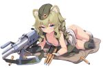  1girl animal_ear_fluff animal_ears bear_ears bear_girl blue_eyes boots braid breasts clip_(weapon) frown gloves green_hair hat highres holding_clip_(weapon) knee_pads long_hair looking_at_viewer lying nipple_slip nipples on_side original panties ptrs-41 sgt-jz simple_background small_breasts solo tank_top thick_eyebrows underwear white_background 