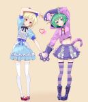  2girls :o alice_(alice_in_wonderland) alice_(alice_in_wonderland)_(cosplay) alice_in_wonderland andou_tazusa animal_hands animal_hood arm_up assault_lily bell black_footwear black_ribbon blonde_hair blue_bow blue_dress blue_ribbon boots bow breasts brown_background buttons cat_hood cat_tail center_frills cheshire_cat_(alice_in_wonderland) cheshire_cat_(alice_in_wonderland)_(cosplay) closed_mouth commentary_request cosplay cropped_hoodie cross-laced_footwear drawstring dress fake_tail fang fang_out frilled_dress frilled_gloves frilled_skirt frills full_body gloves green_eyes green_hair gumoyu hair_bow heart heart_arms_duo highres hood hood_up hoodie lace-up_boots layered_dress leaning_to_the_side long_sleeves looking_at_viewer mary_janes medium_breasts midriff miniskirt multiple_girls navel neck_bell neck_ribbon official_alternate_costume parted_lips paw_gloves pink_hoodie puffy_short_sleeves puffy_sleeves purple_gloves purple_skirt purple_thighhighs red_eyes red_footwear ribbon shoes short_hair short_sleeves simple_background skirt standing stomach striped striped_thighhighs tail thighhighs white_bow white_thighhighs yoshimura_thi_mai zettai_ryouiki 