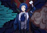  1boy armband black_pants blue_coat blue_eyes blue_hair chesed_(project_moon) coat coffee coffee_mug cup grey_vest heterochromia highres holding holding_cup lobotomy_corporation male_focus medium_hair mug pants pouring project_moon ruiieru solo spoilers vest yellow_eyes 
