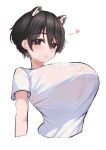  1girl absurdres animal_ears black_hair blue_archive blush breasts commentary cropped_arms cropped_torso fluffyebi01 grey_eyes hair_between_eyes heart highres huge_breasts leaning_back looking_at_viewer puckered_lips see-through see-through_cleavage see-through_shirt shirt short_hair short_sleeves simple_background solo spoken_heart tareme taut_clothes taut_shirt tsubaki_(blue_archive) upper_body white_background white_shirt 