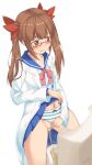  1girl :q azuma_(azumapic) blush bow brown_eyes brown_hair cleft_of_venus clothes_lift clothing_aside glasses hair_ornament hair_ribbon heart heart-shaped_pupils highres idolmaster idolmaster_cinderella_girls ikebukuro_akiha lab_coat lifted_by_self long_hair navel panties panties_aside pee peeing pink-framed_eyewear pussy ribbon school_uniform semi-rimless_eyewear serafuku shirt sidelocks skirt skirt_lift smile solo standing striped striped_panties symbol-shaped_pupils tongue tongue_out twintails uncensored under-rim_eyewear underwear urinal 