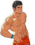  1boy abs bara from_above large_pectorals lifeguard long_sideburns looking_ahead male_focus male_swimwear muscular muscular_male navel nipples original pectorals red_male_swimwear short_hair sideburns solo stomach thick_eyebrows topless_male whistle whistle_around_neck white_background youchi123 
