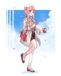  1girl absurdres beret black_shorts blonde_hair drink full_body green_sweater_vest hat highres holding holding_drink jacket long_hair maplesights multicolored_hair nijisanji nijisanji_en open_clothes open_jacket pink_bag pink_eyes pink_hair rosemi_lovelock rosemi_lovelock_(3rd_costume) sandals shorts sidelocks solo standing standing_on_one_leg streaked_hair sweater_vest white_headwear 