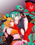  2girls aqua_eyes aqua_hair bare_shoulders belt black_belt black_choker black_jacket blonde_hair blue_eyes bodysuit bow chain_necklace chewing_gum choker clothing_cutout collar crop_top detached_hair ear_piercing earrings eyewear_on_head goggles goggles_on_head hair_bow hatsune_miku highres holding holding_megaphone jacket jewelry kagamine_rin loose_clothes megaphone midriff mimi_mine multicolored_hair multiple_earrings multiple_girls narrow_waist navel navel_cutout necklace open_clothes open_jacket piercing red_jacket sleeveless sleeveless_bodysuit sleeveless_turtleneck sleeveless_turtleneck_bodysuit smug streaked_hair turtleneck twintails two-tone_bow two-tone_nails urban_style vocaloid 