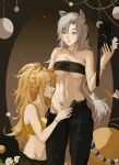  2girls absurdres animal_ears arknights bandeau bare_arms bare_shoulders black_pants blonde_hair breasts camera cleavage commentary grey_eyes grey_hair hand_up highres holding holding_camera indra_(arknights) licking lion_ears long_hair looking_at_another midriff multiple_girls navel pale_laomo pants parted_lips scar scar_on_face scar_on_nose siege_(arknights) sports_bra stomach strapless tail tiger_ears tiger_tail tube_top very_long_hair yuri 