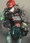  1girl arm_up baseball_cap biker_clothes bikesuit bodysuit brown_eyes brown_hair clothes_writing cowboy_shot fingerless_gloves gloves green_bodysuit green_gloves grey_background hair_over_one_eye hand_on_headwear hat helmet highres holding holding_helmet komeo15 long_hair looking_at_viewer motorcycle_helmet one_eye_covered original product_placement red_headwear solo standing 