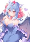  1girl bare_shoulders blue_dress blue_hair blue_sleeves blush bow breasts brown_wings cleavage commentary_request commission detached_sleeves dragon_wings dress finger_to_mouth frilled_sleeves frills fukunoki_tokuwa hair_between_eyes hair_bow hand_up heart highres large_breasts long_sleeves looking_at_viewer original red_bow red_eyes simple_background skeb_commission solo strapless strapless_dress tiara white_background wide_sleeves wings 