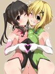  2girls akatsuki_kirika asymmetrical_docking black_hair blonde_hair blunt_bangs breast_press breasts cameltoe covered_navel covered_nipples gloves green_eyes green_leotard hair_ornament heart highres impossible_clothes impossible_leotard large_breasts leotard looking_at_viewer multiple_girls pink_eyes pink_leotard senki_zesshou_symphogear shiny_clothes shiny_skin short_hair skin_tight small_breasts tsukuyomi_shirabe twintails x_hair_ornament yoshi_tama 