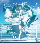  1girl absurdres aqua_eyes aqua_hair blue_sky cloud day dress fence flower frills hatsune_miku headphones highres horizon konya_karasue long_hair musical_note nail_polish necktie ocean open_mouth outdoors sky sleeveless sleeveless_dress solo standing standing_on_one_leg twintails very_long_hair vocaloid white_dress 