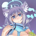  1girl animal_ear_fluff animal_ears blue_archive blue_eyes blue_halo blue_scarf breasts bright_pupils cross_hair_ornament gloves green_gloves hair_ornament halo highres hisahiko large_breasts looking_at_viewer mismatched_pupils revision scarf shiroko_(blue_archive) solo upper_body white_pupils wolf_ears 