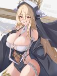  1girl azur_lane bare_shoulders black_gloves blonde_hair breasts character_name cleavage covered_navel cowboy_shot fake_horns gloves habit hair_between_eyes half_gloves hand_on_own_chest highres horns huge_breasts implacable_(azur_lane) long_hair long_sleeves looking_at_viewer nun pelvic_curtain red_eyes revealing_clothes see-through solo veil very_long_hair white_horns wide_sleeves zerosama_(user_tprp7225) 