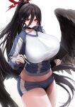  1girl absurdres black_choker black_hair black_wings blue_archive blue_jacket blue_shorts blush breasts choker collarbone feathered_wings gym_shirt gym_uniform hair_between_eyes hasumi_(blue_archive) hasumi_(track)_(blue_archive) highres holding holding_pen huge_breasts jacket kos-owl long_hair looking_at_viewer midriff mole mole_under_eye official_alternate_costume partially_unzipped pen red_eyes shirt short_shorts shorts simple_background solo sweat thick_thighs thighs track_jacket very_long_hair white_background wings 