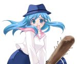  1girl :d baseball_bat blue_eyes blue_hair blue_headwear blue_skirt breasts fedora floating_hair hat koshikawa_guu light_blue_hair long_hair long_skirt looking_at_viewer lorna mabinogi medium_breasts nail nail_bat open_mouth pink_sailor_collar sailor_collar shirt simple_background single_horizontal_stripe skirt smile solo swept_bangs teeth upper_teeth_only white_background white_shirt 