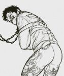  1boy ass bara belt bottomless bound bound_arms chain chained check_copyright copyright_request greyscale highres leg_tattoo looking_at_viewer male_focus monochrome original presenting short_hair skull_tattoo smokerichi solo straitjacket tattoo thick_eyebrows thighs 