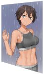  1girl abs blue_eyes breasts brown_hair commentary_request dark_skin expressionless hair_between_eyes hashi looking_at_viewer medium_breasts navel original pants parted_lips rain short_hair simple_background solo sports_bra sweatpants tan tank_top tomboy 