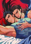  2boys absurdres bara blue_tank_top brown_hair character_request copyright_request doufujintianxianle floating_hair forked_eyebrows grabbing highres large_pectorals long_hair looking_at_viewer male_focus mature_male multiple_boys muscular muscular_male pectoral_grab pectorals red_eyes seductive_smile shirt skin_tight sleeveless sleeveless_shirt smile tank_top thick_eyebrows tight_clothes tight_shirt upper_body v-shaped_eyebrows veins veiny_arms yaoi 