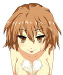  1girl alternate_eyebrows breasts brown_eyes brown_hair closed_mouth commentary_request hair_between_eyes heart i.u.y large_breasts light_blush looking_at_viewer medium_hair misaka_worst mismatched_eyebrows nude simple_background smile solo toaru_majutsu_no_index tongue tongue_out upper_body white_background 