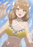  1girl 1other absurdres alternate_costume bikini braid braided_ponytail breasts brown_eyes bubble criss-cross_halter fire_emblem fire_emblem_engage girl_on_top goldmary_(fire_emblem) hair_over_shoulder halterneck highres large_breasts light_brown_hair lips mole mole_on_breast navel pov solo_focus swimsuit tak0baka teeth upper_teeth_only watermark yellow_bikini 