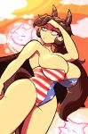  1girl american_flag american_flag_print animal_ears arm_up bare_shoulders breasts brown_hair cleavage closed_mouth covered_navel flag_print freckles hair_tie horse_ears horse_girl horse_tail jaggy_lines kurokoma_saki large_breasts leotard long_hair narrow_waist pegasus_wings ponytail quarium red_eyes sanpaku strapless strapless_leotard swimsuit tail thighs touhou wide_hips wings wolf_spirit_(touhou) 