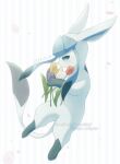  alopias commentary_request dated falling_petals flower full_body glaceon green_eyes holding holding_flower no_humans petals pokemon pokemon_(creature) purple_flower simple_background solo white_background yellow_flower 