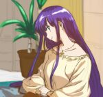  1girl aoba_(smartbeat) blue_eyes breasts closed_mouth collarbone cross cross_necklace fate/grand_order fate_(series) jewelry large_breasts long_hair long_sleeves looking_at_viewer martha_(fate) necklace plant potted_plant purple_hair shirt sidelocks smile solo white_shirt 