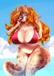  big_breasts bikini blue_eyes breasts candy chubby_belly chubby_female clothing dessert felid feline female feral fluffy fluffy_tail food hair huge_breasts kiwanoni leopard_spots lollipop long_hair mammal navel red_clothing sky solo splashing_water spots swimwear tail thick_thighs tongue tongue_out wavy_hair 