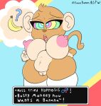  anthro areola banana big_breasts big_ears blue_background bodily_fluids breasts brown_body brown_fur clothing drooling earthbound_(series) female food fruit fur genitals hand_on_hip haplorhine head_tuft huge_breasts hypnosis legwear mammal mind_control monkey navel nintendo nipples nude open_mouth pink_areola pink_nipples plant primate pussy question_mark red_background saliva simple_background skindentation slightly_chubby solo tan_body tan_fur text thick_thighs thigh_highs thought_bubble tuft white_clothing white_legwear white_thigh_highs wide_hips yellow_background yummercummer 