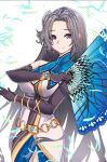  1girl black_hair bracelet earrings eiyuu_densetsu elbow_gloves falling_feathers feathers folding_fan gloves hand_fan holding holding_fan jewelry long_hair looking_at_viewer nyuusai purple_eyes ring sen_no_kiseki sen_no_kiseki_iii smile solo vita_clotilde 