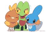  beak blush closed_eyes closed_mouth colored_sclera crossed_arms kiirono mudkip no_humans notice_lines open_mouth pokemon pokemon_(creature) signature simple_background standing starter_pokemon_trio treecko white_background yellow_sclera 