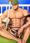  1boy abs alternate_costume bara baseball_cap camouflage camouflage_shorts feet_out_of_frame green_hair hat hd189733b highres large_pectorals long_sideburns looking_away male_focus muscular muscular_male navel nipples one_piece pectorals pirate_ship roronoa_zoro scar scar_across_eye sheath sheathed short_hair shorts sideburns sitting smile solo stomach sweat topless_male 