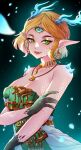  1girl blonde_hair breasts dragon_horns dress earrings fangs glowing_horns green_eyes highres horns jewelry light_dragon_(zelda) necklace pixie_(pixieinktvis) pointy_ears princess_zelda smile solo spoilers the_legend_of_zelda the_legend_of_zelda:_tears_of_the_kingdom third_eye 