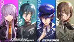  2boys 2girls ahoge akechi_gorou binxngchng1 black_gloves black_hair black_headwear black_jacket blue_headwear brown_hair character_name copyright_name crossover danganronpa:_trigger_happy_havoc danganronpa_(series) danganronpa_v3:_killing_harmony gakuran gloves hair_between_eyes hair_ribbon highres jacket kirigiri_kyouko long_hair long_sleeves looking_at_viewer multiple_boys multiple_girls necktie one_eye_closed open_mouth persona persona_4 persona_5 purple_eyes purple_hair red_eyes ribbon saihara_shuuichi school_uniform shirogane_naoto upper_body yellow_eyes 