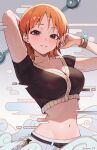  1girl arms_up bangle belt blush bracelet breasts brown_shirt commentary cropped_shirt highres jewelry log_pose looking_at_viewer medium_breasts nami_(one_piece) navel one_piece orange_eyes orange_hair shirt short_hair short_sleeves smile solo sooon twitter_username 