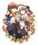  1boy 1girl ao_no_kiseki breasts brown_eyes brown_hair carrying eiyuu_densetsu elie_macdowell food fruit gloves green_eyes jacket large_breasts lloyd_bannings long_hair princess_carry satsuki_(chaosmode) short_hair smile strawberry thighhighs uniform white_hair zero_no_kiseki 