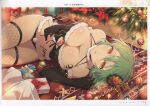  1girl absurdres bare_shoulders box breasts christmas_ornaments fishnet_thighhighs fishnets fur_trim gift gift_box gold_trim green_eyes highres large_breasts looking_at_viewer lying official_art page_number panties parted_lips scan senran_kagura senran_kagura_new_link shiny_skin short_hair simple_background solo striped tattoo thighhighs thighs underwear vertical_stripes yaegashi_nan yellow_eyes 
