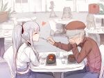  1boy 4girls ak-12_(girls&#039;_frontline) beret braid chair closed_eyes commander_(girls&#039;_frontline) commentary_request cup drink feeding food fork french_braid girls&#039;_frontline grey_hair hair_ribbon hat heart hetero highres holding holding_fork hourai_kochou long_hair looking_at_another multiple_girls ponytail red_headwear ribbon shared_food sitting sweatdrop table 